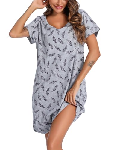 Image of ENJOYNIGHT Womens Cotton Nightgown Short Sleeve Sleepshirt Print Nightshirt | Short-Sleeve Crew Neck, Soft Cotton Fabric, Cartoon Printed Sleep Shirt, Loose Fit