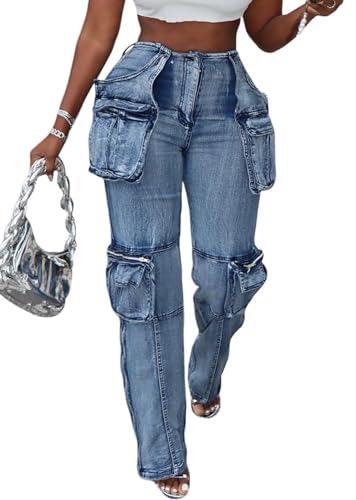 Women Straight Stretch Cargo Jeans Leg Side Zipper Slit Denim Y2K Pants with Multi Pockets