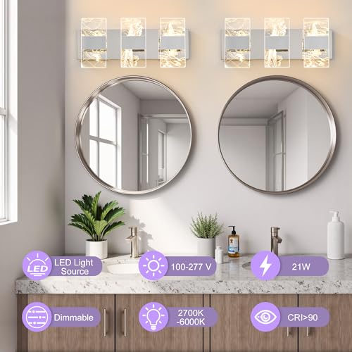 Image of Modern LED Bathroom Light Fixtures Dimmable 3-Light Chrome Vanity Light