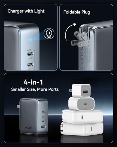 Image of USB C Charger Block 140W, 4-Port GaN PD3.1 PPS Fast Laptop Charger Foldable Compact Power Adapter for MacBook Pro, iPhone 17 /16 /15 Series, iPad Air, Galaxy S25 /S24 Ultra, Steam Deck, Google Pixelbook