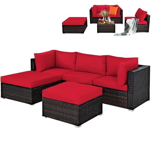 DORTALA 5 Pieces Patio Rattan Furniture Sets, Sectional Sofa Conversation Set w/Steel Frame & Sponge Cushions, Modern Wicker Combination Sofa Set w/Ottoman & Table for Garden Lawn Balcony, Red
