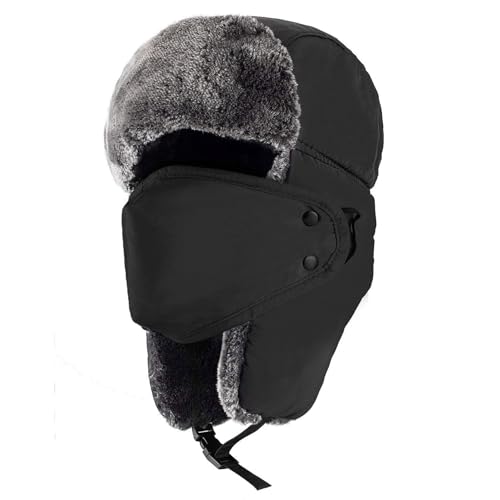 Mysuntown Unisex Winter Trooper Trapper Hat Hunting Hat Ushanka Ear Flap Chin Strap and Windproof Mask,Black,22-24 Inches ,One Size Fits All