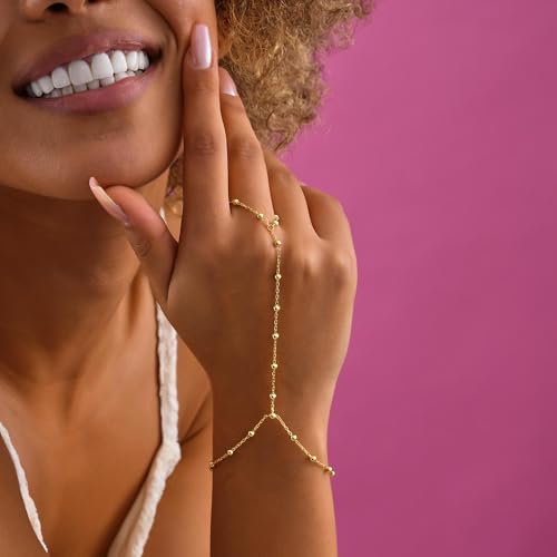 Hand Chain Bracelet for Women Trendy, Gold Beaded Ring Hand Chain Dainty 14K Gold Plated Cross Hand Chains Cubic Zirconia Finger Bracelet for Women Simple Body Jewelry4