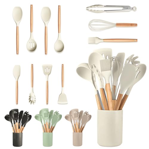 JUPPLIES Juego de Utensilios de Cocina de Silicona 12 Piezas con Mangos de Madera y Soporte Organizador – Set Antiadherente Resistente al Calor – Apto para Todas Las Ollas y Sartenes - Beige