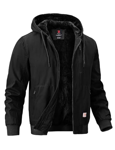 BGOWATU Men's Cotton Work Jacket Insulated Flannel Lined Full Zip Hoodies Active Winter Coat with Utility Pockets