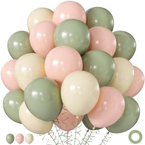 Sage Green Pink White Balloons 60Pcs 12 Inch Pink and Green Balloons Include Sage Green Peach Ivory White balloons for Weding Baby Shower Gender Reveal Wildflower Birthday Decorations