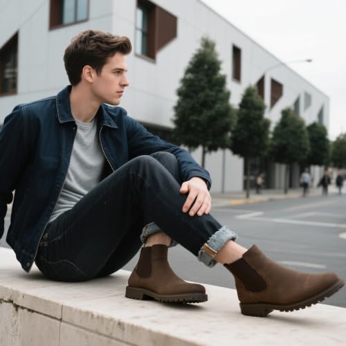 Image of CGRRBW Men's Chelsea Boots Suede Leather Casual Cowboy Boots for Men | Elastic Side Panels, Pull-on, Round Toe, Slip-resistant Rubber Sole for Office, Weekend, Fashion Casual