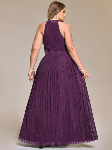 Image of Ever-Pretty Plus Women's Floor Length A-Line Halter Sleeveless Pleated Glitter Plus Size Formal Dress Evening Gown