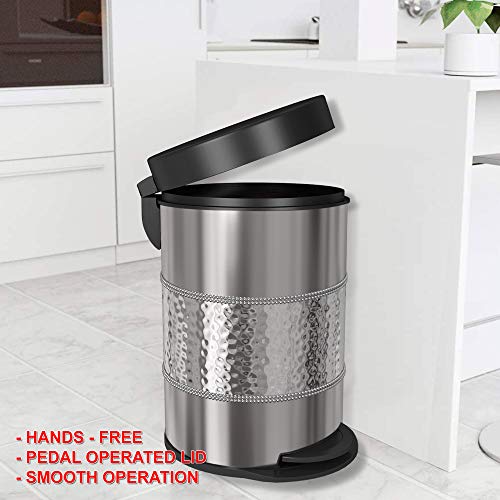 Nu Steel 5 Liter Round Small Metal Step Trash Can Wastebasket, Garbage Container Bin - For Bathroom, Powder Room, Bedroom, Kitchen, Office - Removable Liner Bucket - 8" X 8" X 12" – Shiny Steel #TOP2