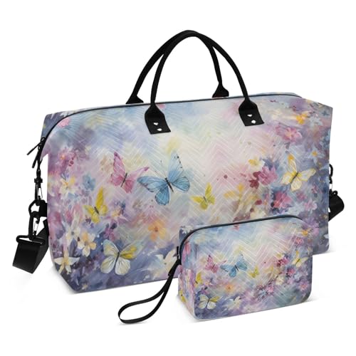 Large Travel Duffel Bag, Retro Oil Painting Butterflies Sport Tote Gym Bag, Shoulder Weekender Overnight Bag for Women Men, Carry On Luggage with Toiletry Bag