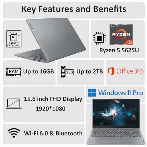 Lenovo Ideapad Slim 3 Laptop for Student & Business with Microsoft Office, Backlit Keyboard, AMD Ryzen 5 5625U (Beats Intel i7-1260U), 15.6" FHD Display, 16GB RAM, 512GB SSD, Windows 11 Pro, WOWPC USB - Image 4