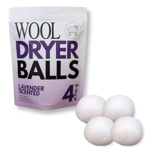 Ms Wool Lavender Scented Wool Dryer Balls 4 XL Pack Natural Fabric Softener Reusable Reduces Static Reduces Wrinkles & Shortens Drying Time Made W/Essential Oil 100% Pure Wool