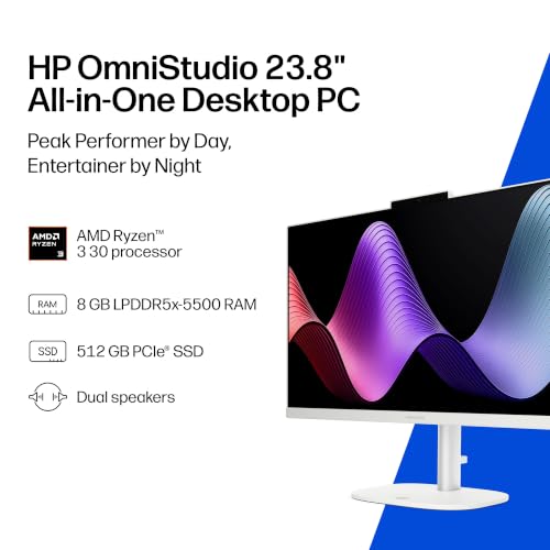 Image of HP OmniStudio 23.8 inch All-in-One Desktop PC, FHD Display, AMD Ryzen AI 3 30, 8 GB RAM, 512 GB SSD, AMD Radeon Graphics, Windows 11 Home, Cotton White, 24-cv0430 (2026)