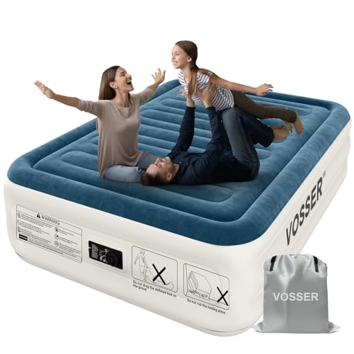 VOSSER Queen Air Mattress with Built-in Pump,18''Fast & Easy Inflation/Deflation Inflatable Mattress, Foldable Blow Up Mattress with Storage Bag, Inflatable Bed for Home, Camping & Guests