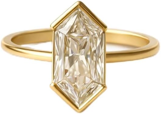 Hexagon Cut Moissanite Solitaire Engagement Ring For Woman Solid Yellow Gold Half Bezel Setting Minimalist Handmade Promise Wedding Jewelry Gift for Her