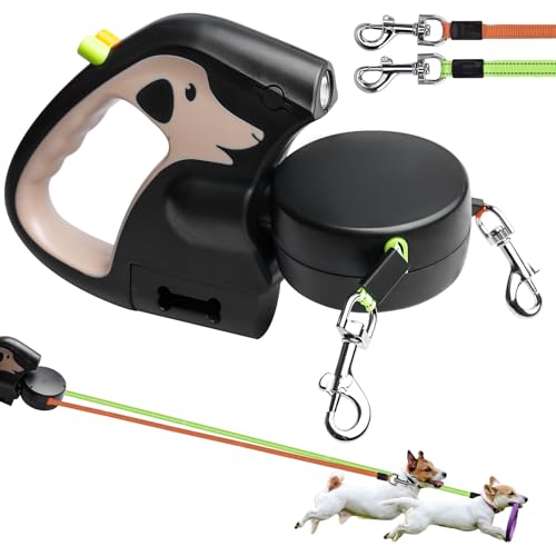 Doppelte Hundeleine Ausziehbar, 300cm Rollleine Einziehbare Hundeleine, Hundeleine Doppelleine Für 2 Hunde,Hundeleine mit Licht, Rolleine Rollleine 360° Drehbare,Hundeseil Nachts Reflektierend, Khaki
