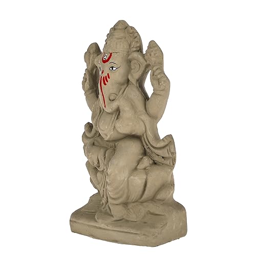 Image of SAUDEEP INDIA 6 Inch Mitti Ganesh Idol | Eco-Friendly Handcrafted Mud /Clay Ganesh Murti | Ganpati Figurine for Visarjan | Biodegradable Mushak Ganesha Statue | Ganesh Chaturth (Lotus Ganesh)