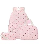 Corduroy School Backpack for Girls, 3pcs Set with Insulated Lunch Bag & Pencil Case, Aesthetic Kawaii Rucksack for Secondary School College, 15-inch Laptop Bookbag for Teens (Pink Strawberries)