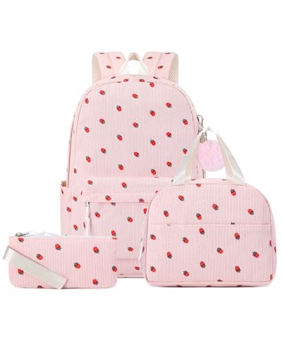 Image of Corduroy School Backpack for Girls, 3pcs Set with Insulated Lunch Bag & Pencil Case, Aesthetic Kawaii Rucksack for Secondary School College, 15-inch Laptop Bookbag for Teens (Pink Strawberries)