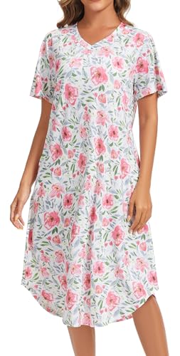 Image of Kabento Nightgowns for Women Cotton Short Sleeve Long Night Gowns with Pockets