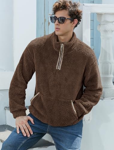 Image of ZAFUL Men 1 /4 Zipper Ethnic Aztec Fleece Unisex Winter Sweatshirt Tops 2026 | Funnel Neck Fluffy Polar Fleece Faux Sherpa Soft Thermal Pullover Kangaroo Pocket Jacket Hoodie Tops