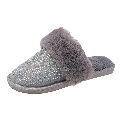 RTPR Zapatillas planas al aire libre interior de la moda de las mujeres Rhinestone Slip en Peludo Plano Invierno Puntera Redonda Mantener caliente zapatillas de color sólido Zapatos de las mujeres