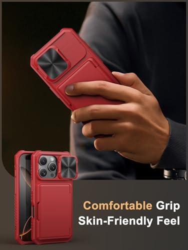 Image of Vihibii for iPhone 16 Pro Wallet Case with Card Holder (4 Cards) [RFID Blocking] & Slide Camera Cover & Raised Edges Protect Screen, Shockproof Rugged Phone Cover for iPhone 16 Pro 5G 6.3 inch 2024, Red