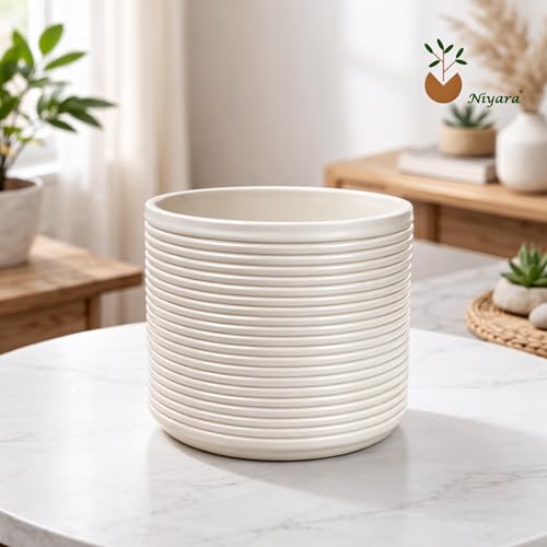 Image of Niyara Designer Ceramic planters pots for Indoor Outdoor Home, Garden Office Decor Balcony Planters Gamla Flower Size- Large, 8 inches (Off White Ribbed)