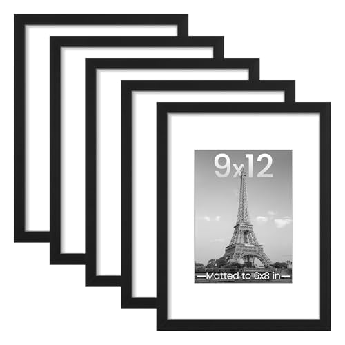 Image of upsimples 9x12 Picture Frame Set of 5, Display Pictures 6x8 with Mat or 9 x 12 Without, Wall Gallery Photo Frames, Black