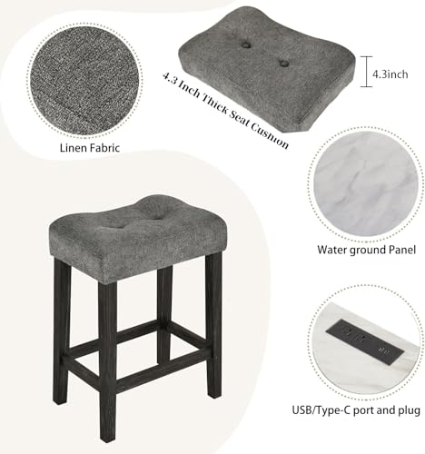 Image of 4-Piece Industrial Bar Table Set with Power Outlet, 3 Upholstered Stools for Kitchen, Game Room & Dining, Counter Height Pub Set (Grey 1+3)