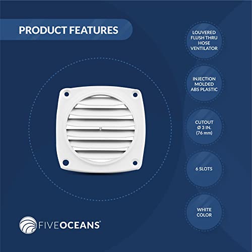 Five Oceans Fo109 Louvered Flush Hose Thru Vent, Cutout Of 3 Inches (76 Mm) Of Diameter, White, Injection-Molded Abs Plastic, 6 Slots, Easy Installation #TOP1