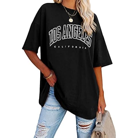 Tomwell Damen Los Angeles Brief T-Shirt Kurzarm Sport Sommer Rundhals Oversize Oberteile Cover