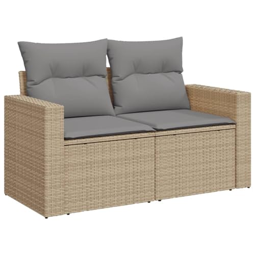 Image of 2-Seater Modular Garden Sofa in Beige PE Rattan with Light Grey Cushions, Weather-Resistant Outdoor Furniture for Patio and Balcony, Contemporary Design with Comfort-Enhanced