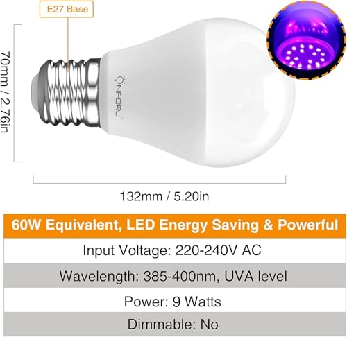 Onforu 2er Schwarzlicht Glühbirne, E27 UV Birne 9W Glühlampe, 385-400 nm UVA Level Schwarzlichtlampe, Black Light Bulb, UV Beleuchtung Partylicht für Party, Keller, Disco, Club, Bar, Neonfarben