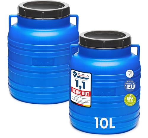 Garronda Set 2x 10 Liter Weithalsfass BPA-frei Futtertonne Fass Universalfass Lebensmittel Fass Regenfass für Garten Regentonne mit Deckel Regenwassertonne für Garten Wassertonne GD-0120, Blau