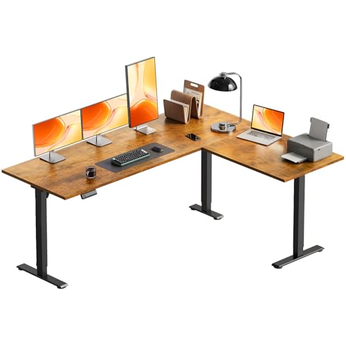 Image of OffiGo 63 Inch Reversible L Shaped Electric Standing Desk, Rustic Brown