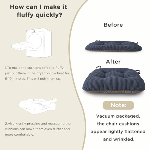 Image of AddGrace Chair Cushions for Dining Chairs Soft Kitchen Seat Cushions 18 inch x 18 inch x 3 inch Non-Slip Seat Pads Navy Set of 2