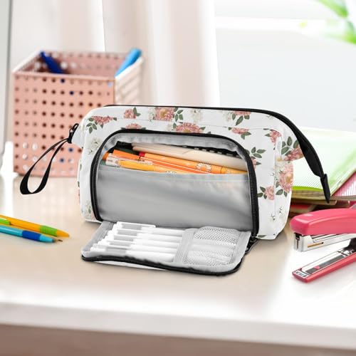 Image of Floral Flowers Big Capacity Pencil Pen Case Large Pencil Pouch | Portable Multi Compartment Zipper Pencil Bags Stationery Storage for Men Women College Office