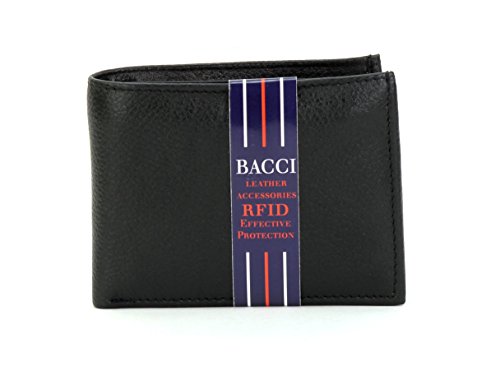 BACCI leather men's wallet - Genuine leather and long-lasting RFID wallet for men - Premium slim bifold wallet featuring 2 cash pockets, top flap ID window, and 8 card slots (black)