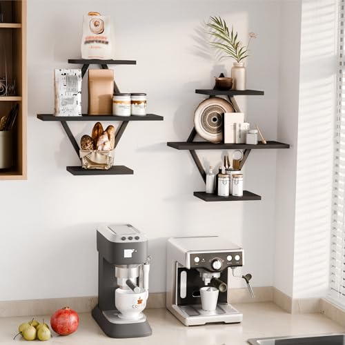 Image of Floating Shelves, Wall Shelf Set of 2, Wall Mounted Shelves, 3-Tier Hanging Wall Shelves for Bathroom, Living Room, Bedroom, Kitchen, Office (Black)