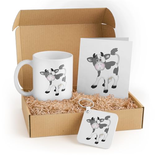 3dRose Cute Cow Gift Set for Animal Lovers - Includes Mug, Keychain, and Card - Ideal for Kids, Birthdays, or Teacher Appreciation