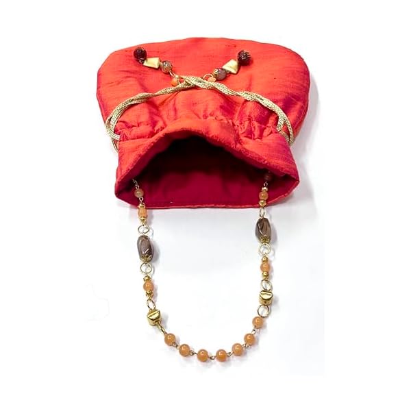 Heddz Handcrafted Raw Silk Drawstring Potli Bag for Ladies with Detachable Glass Beads Chain Handles & Tassels for Parties, Weddings and Special Ocassions - Image 8