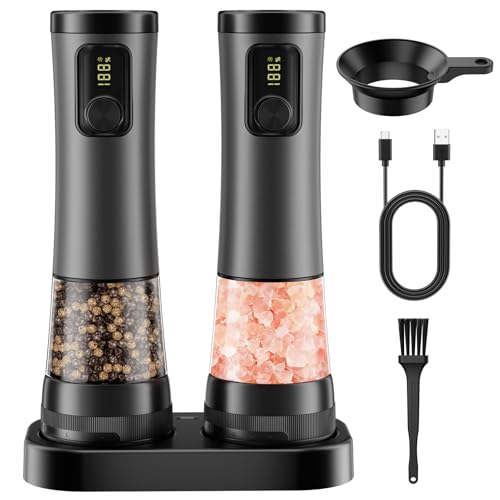 Electric Salt and Pepper Grinder Set - Rechargeable Salt Grinder with Led Power Display - Automatic Pepper Grinder with Storage Base - Pepper Mill with Light for Kitchen