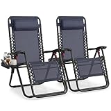 SONGMICS Set of 2 Zero Gravity Reclining Chairs, Folding Sun Loungers with Tray, Adjustable Headrest, Max. Load 110 kg Each, for Patio, Garden, Dark Blue GLB032QZ02