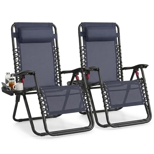 SONGMICS Set of 2 Zero Gravity Reclining Chairs, Folding Sun Loungers with Tray, Adjustable Headrest, Max. Load 110 kg Each, for Patio, Garden, Dark Blue GLB032QZ02