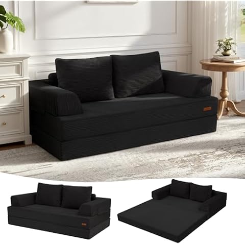 COMAX Convertible Sofa Bed – Folding Floor Couch Loveseat with Corduroy Cover & Pillows, Black | Multi‑Mode Lounger, Futon Sleeper Mattress for Living Room & Bedroom Cover