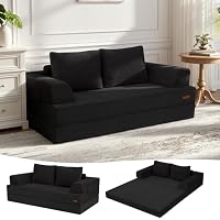 MeMoreCool Convertible Sofa Bed, Folding Floor Boneless Couch with Corduroy Cover, Fold Out Sleeper Mattress with Pillows, Comfy Foam Lounge Loveseat for Living Room Bedroom Guest Room, Black