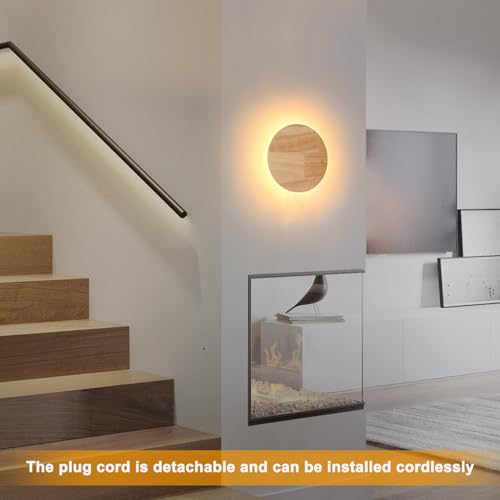 Image of Modern Minimalist Plug in Wall Sconces, Plug-in Or Cordless 7.9'' Round Wood Backlight LED Wall Lamp, 12W, 1300LM Warm White Brightness Wall Light Fixtures for Bedroom, Living Room Wall Decor