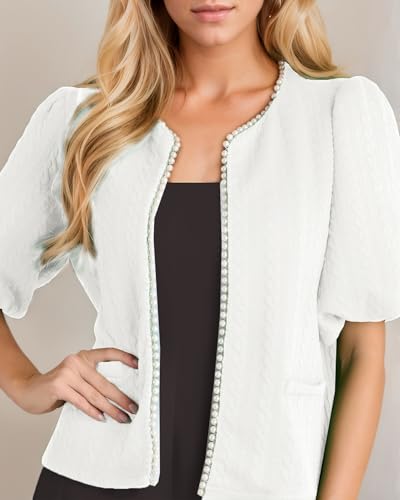 Kedera Puff Short Sleeve Tweed Jacket Women Cropped Jackets Summer Open Front Elegant Trimmed Cardigans with Pearls4