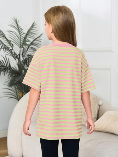 Image of Haloumoning Girls Striped Short Sleeve T Shirts Kids Summer Oversized Tops Casual Crewneck Tees 5-14 Years